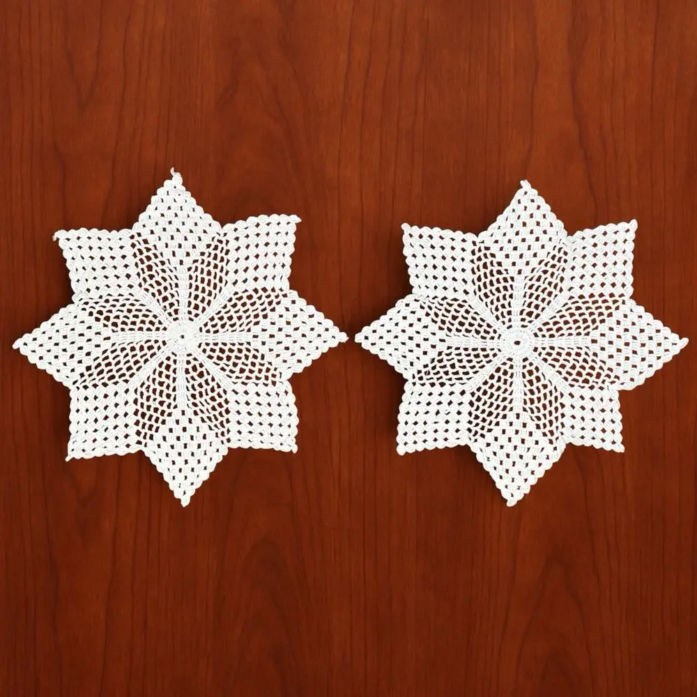 Vintage Hand Crocheted Doilies Set 2 White Table Topper Openwork Star Snowflake